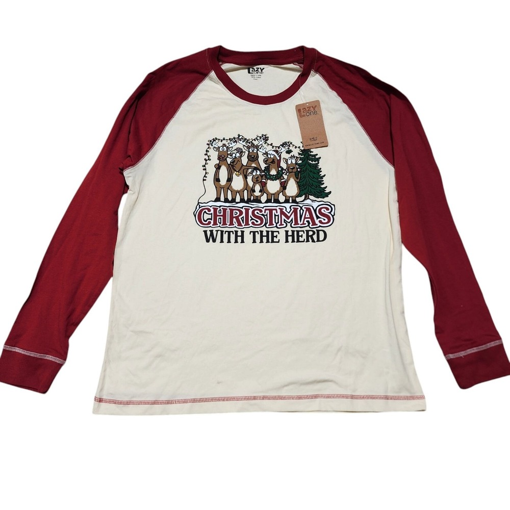 Lazy One Pajama Top Women L Red‎ Christmas With The Herd Reindeer Raglan NWT